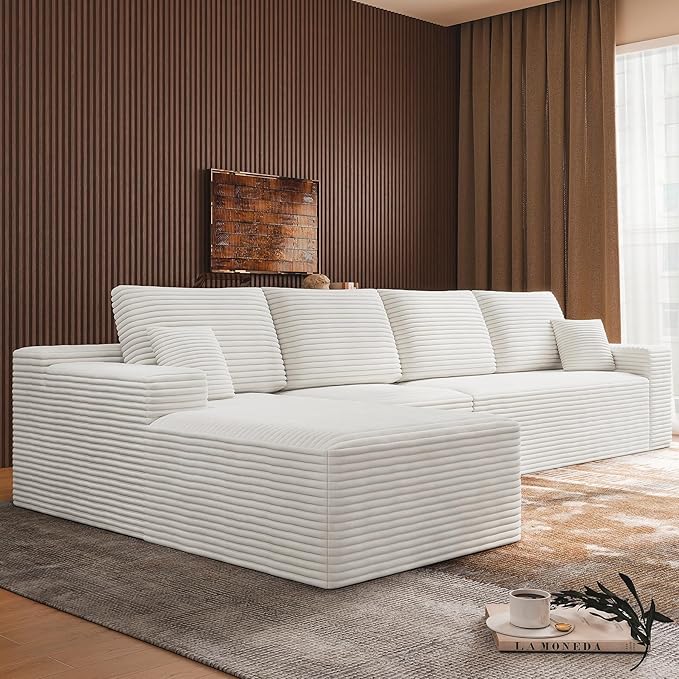 3-Piece Boneless Modular Sectional Sofa, Cloud Couch with Left Facing Chaise, Oversized Deep Seat, Soft Corduroy Fabric, Sectional Couch for Living Room-White