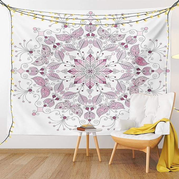 Ambesonne Mandala Tapestry Twin Size, Lacy Inspired Pastel Floral Motif with Butterfly and Lotus Branches Design, Wall Hanging Bedspread Bed Cover Wall Decor, 68" X 88", White Pale Pink