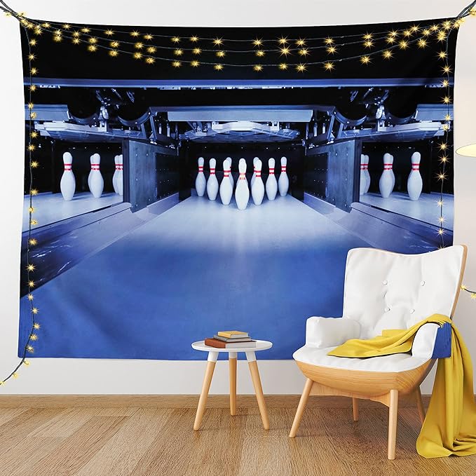 Ambesonne Bowling Party Tapestry Twin Size, Symmetrical Bowling Pins on an Empty Alley Hobby Fun Challenge Theme, Wall Hanging Bedspread Bed Cover Wall Decor, 68" X 88", Blue White Red