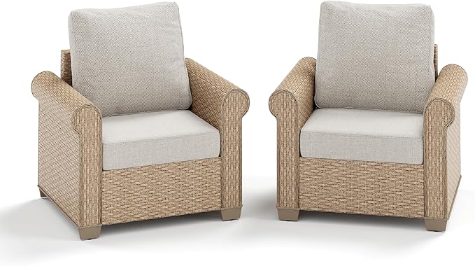 Patio Furniture Set 2 pcs, Wicker Outdoor Patio Furniture, 2 Single Chairs, Rattan Patio Conversation Set for Backyard Deck, Beige