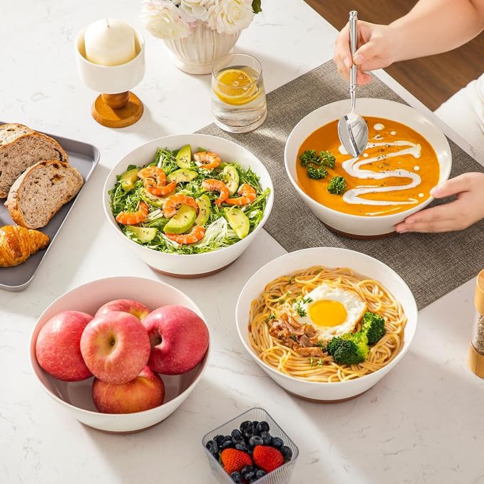 MALACASA Salad Bowls Set of 4, Soup Bowls for Kitchen, 60oz Large Ceramic Bowl for Ramen, Cereal, Fruit, Pho and Pasta, Microwave & Dishwasher Safe, Speckled Deep Bowls, White & Brown