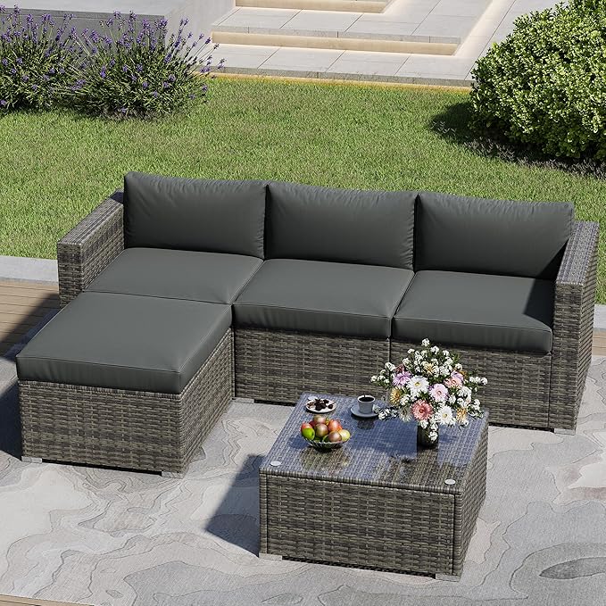 5 Piece Outdoor Patio Sectional Furniture Set, Weather Resistant Rattan Outside Couch, Waterproof Conversation Sofa for Balcony, Porch, Backyard, Deck, Garden, Grey