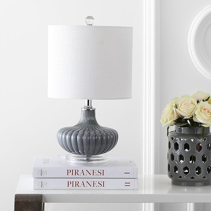JONATHAN Y 18" Gray Fluted Glass and Lucite Table Lamp, Contemporary Teardrop Bedside Lamp with White Linen Drum Shade for Nightstand, Console Table, LED Bulb Included JYL1032A