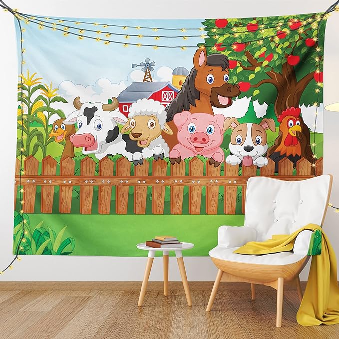 Ambesonne Cartoon Tapestry, Composition Farm Animals on Fence Comic Mascots Dog Cow Horse Design, Fabric Wall Hanging Decor for Bedroom Living Room Dorm, 30" X 45", Green Multicolor