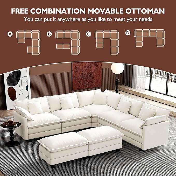Ihanherry 114" V-Shaped Modern Sofa Modular Sectional Cloud Couch with 2 Ottoman, 7-Seat Chenille Deep Seat Sofa with Corner Section for Living Room, Bedroom and Apartment, Beige