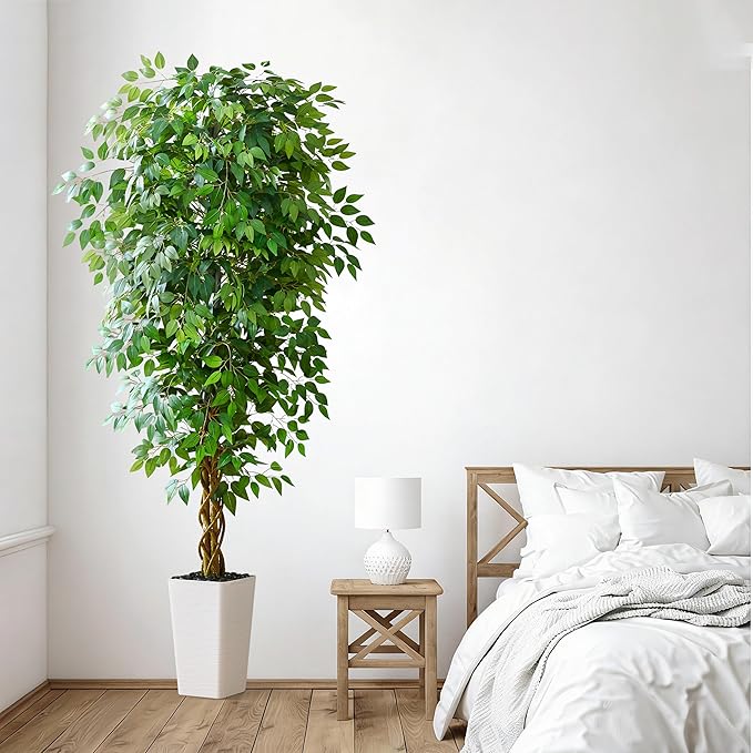 Artificial Ficus Tree 6FT Faux Floor Tree with Planter UV Resistant Potted Fake Silk Plant - Indoor Outdoor Lifelike Fake Ficus Tree for Home, Living Room Bedroom Topiary Tree