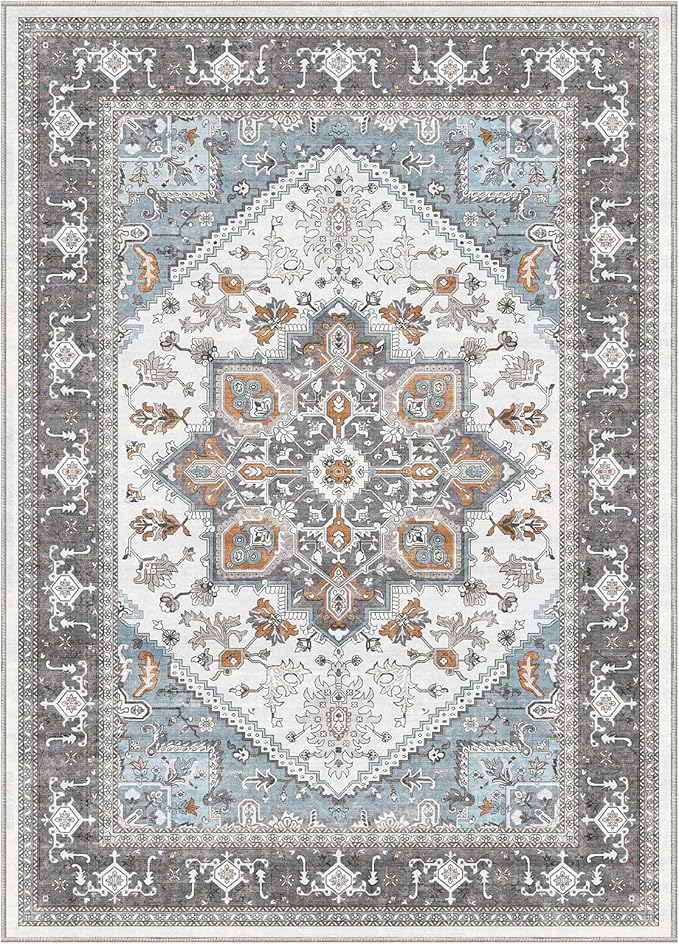 OPPODREAM Thin Area Rugs 9x12 Living Room, Washable Rugs 9x12 with Non Slip Backing, Faux Cashmere Low-Pile 9 x 12 Carpet, Grey & Teal & Yellow