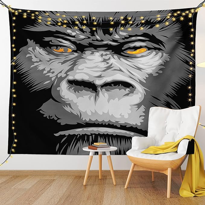 Ambesonne Modern Tapestry Queen Size, Close up Gorilla Portrait with Orange Eyes Zoo Jungle Animal Wild Money Graphic, Wall Hanging Bedspread Bed Cover Wall Decor, 88" X 88", Grey Marigold