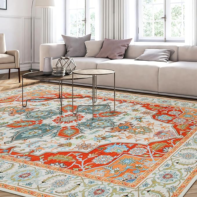 WILLSUN Washable Area Rugs, 9x12 Non-Slip Boho Large Area Rugs for Living Room, Bedroom, Machine Washable Vintage Rug, Indoor Floral Print Carpet for Home Decor, Kid & Pet Friendly Mat