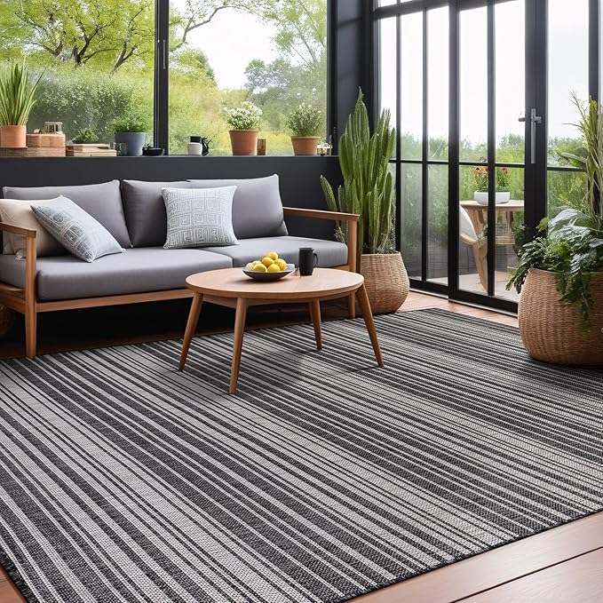 Stripe Outdoor Rug 5x7 Washable Outside Carpet for Indoor Patio Porch Waterproof Easy Cleaning Non Shedding Area Rugs Dark Gray 5 x 7