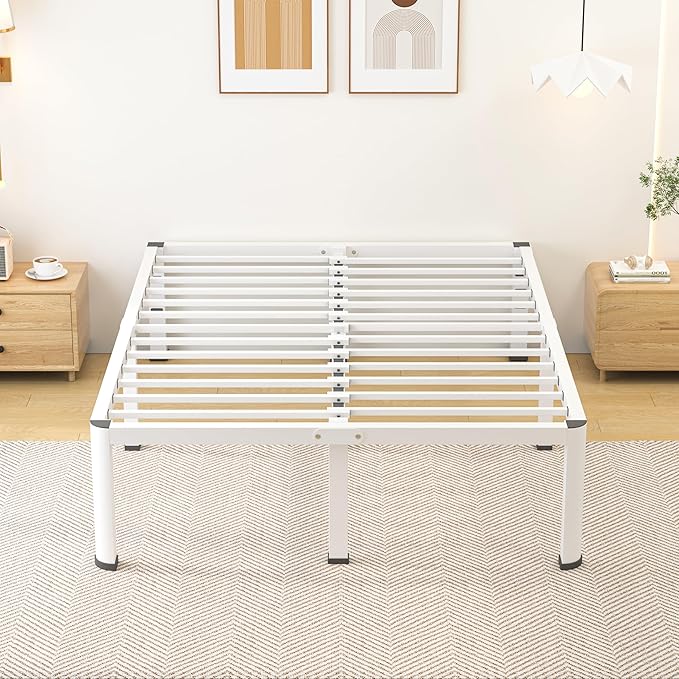 18 Inch Queen Size Metal Bed Frame with Round Corners, Storage Space Under High Bed Frame-Heavy Duty Steel Slats Support, Noise Free - Easy Assembly - No Box Spring Needed,White