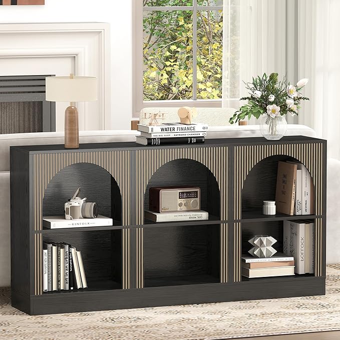 Console Table with 3-Tier Open Storage, 63" Arched Entryway Table with Carved Fluted Panels, Rectangular Wooden Sofa Table for Living Room, Hallway, or Behind Couch (1, Black)