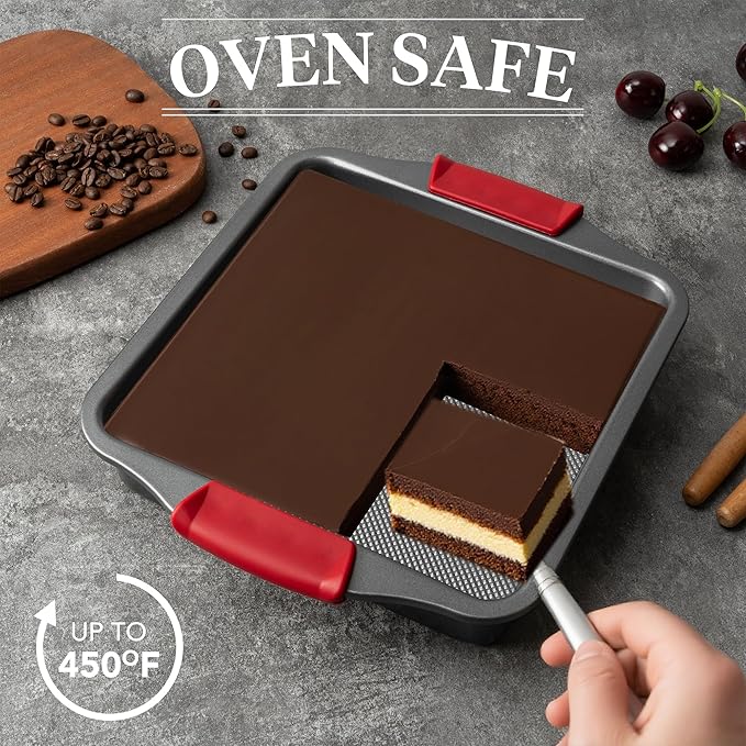 Tiawudi 9" Square Cake Pan Set of 2, 0.8mm Thick Heavy Duty Bakeware with Diamond Texture for Even Heating, Nonstick Baking Pan for Bread, Brownies & Lemon Bars, Cake Mold with Silicone Grip Handles
