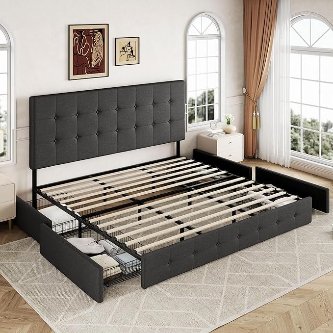 Allewie Upholstered King Size Platform Bed Frame with 4 Storage Drawers and Headboard, Square Stitched Button Tufted, Mattress Foundation with Wooden Slats Support, No Box Spring Needed, Dark Grey
