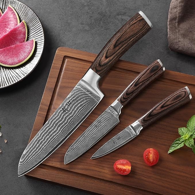 Wakoli EDIB 3-Piece Damascus Kitchen Knife Set in Wooden Gift Box