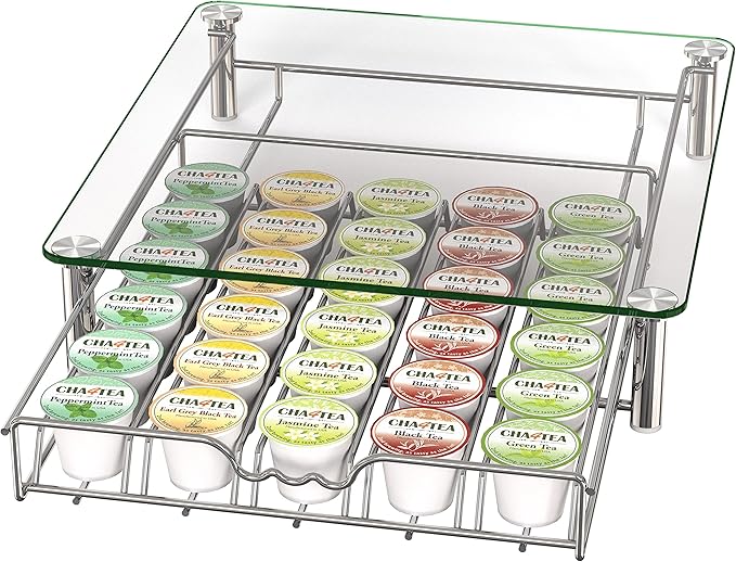 Deco Brothers Crystal Tempered Glass K-Cup Holder Drawer for 30 Coffee Pods Storage, Chrome