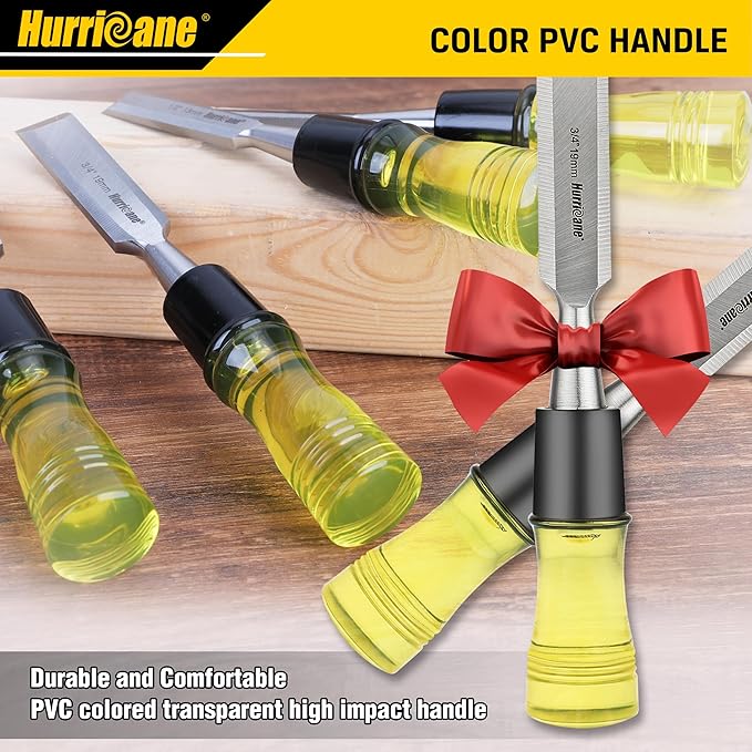 HURRICANE 4 Piece Wood Chisel Set for Woodworking. CR-V Steel Beveled Edge Blades with Safety Caps. Durable PVC High Impact Handle, for Precision Carving & DIY Projects (1/4", 1/2", 3/4", 1")