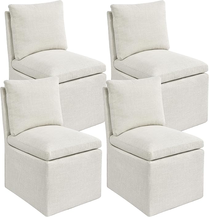 DUHOME Upholstered Armless Dining Chair with Casters,Linen Dining Chairs Set of 4 for Living Room,Single Sofa Chair with 4 Casters for Bedroom Reading Room Waiting Room Kitchen Dining Room