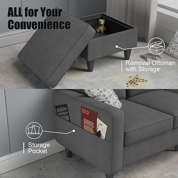 ZeeFu Couch for Living Room - 78'' Beige Linen 3 Seat L-Shaped Sectional Sofa Couches with Storage Ottoman - Modern Small Space Upholstered Furniture Sofa Set for Office Small Space Apartment Bedroom