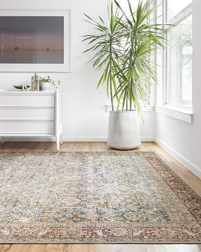 Loloi Layla Collection LAY-04 Ocean/Rust 7'-6" x 9'-6" .13" Thick Area Rug, Soft, Durable, Vintage Inspired, Distressed, Low Pile, Non-Shedding, Easy Clean, Printed, Living Room Rug