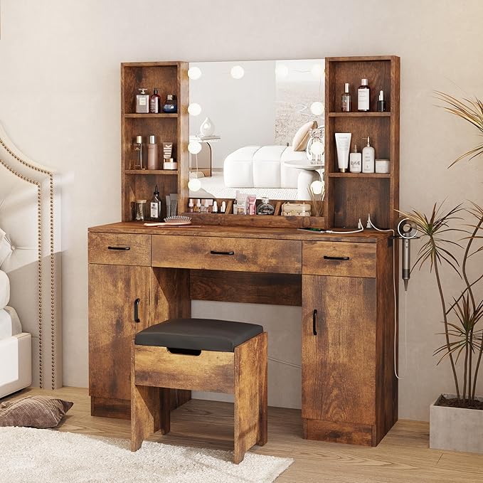 Makeup Vanity Table with Lighted Mirror & Outlets, Large Vanity Set Vanity Desk with Lots of Storage, 3 Lighting Modes, Brightness Adjustable, 45inch