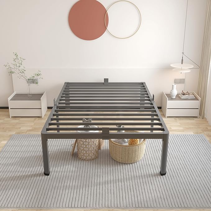 ROIL 16 Inch Twin Bed Frame with Rounded Corner and Headboard Hole Mattress Retainers 3500LBS Metal Heavy Duty Steel Slats No Box Spring Needed Platform Noise-Free Easy Assembly