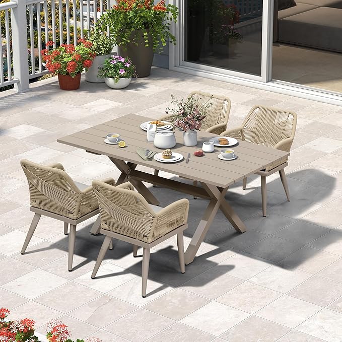 PURPLE LEAF 5 Pieces Outdoor Dining Set All-Weather PE Rattan Outdoor Patio Furniture Set with All Aluminum Frame Rectangular Table and Chairs Set for Lawn Garden Backyard Deck, Champagne