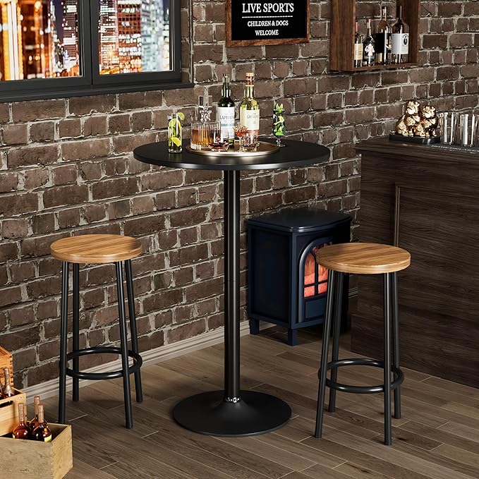 Shahoo Round Bar Table, Cocktail Tables with Metal Base & MDF Top, for Bistro Pub, Cafe, Black