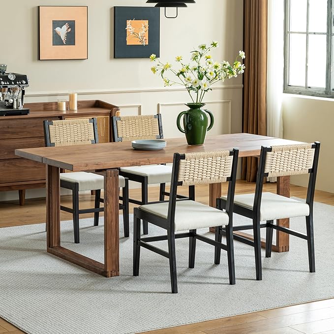 Chogori Wooden Dining Chairs, Modern Farmhouse Kitchen & Dining Room Accent Side Chairs with Woven Rope Back and Fabric Upholstered for Home, Living Room (Black, Set of 2)