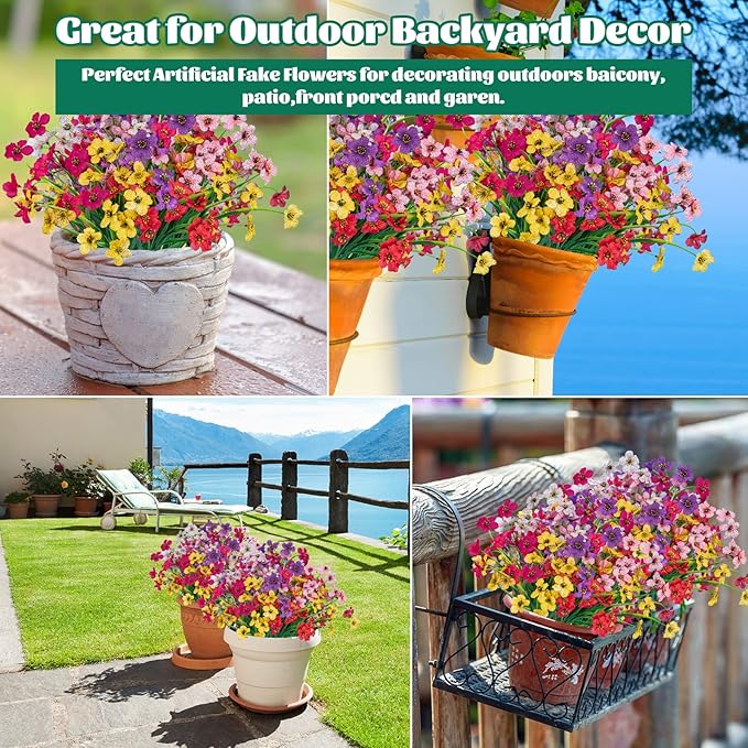 Lnoicy 12 Pcs Artificial Flowers for Outdoor,Plastic Flowers Decoration, UV Resistant Faux Flowers Shrubs, Artificial Plants for Indoor Outside Garden Home Wedding Farmhouse(6 Color)