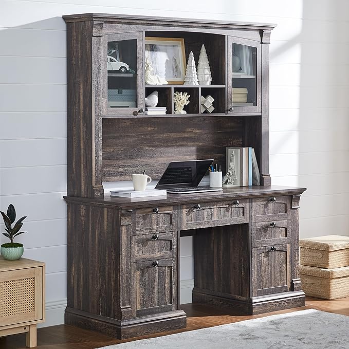 OKD Farmhouse Hutch for 60" Executive Desk, Office Desk Storage Cabinet with Glass Doors and Shelves, Top Hutch Organizer for Home Office - Dark Rustic Oak