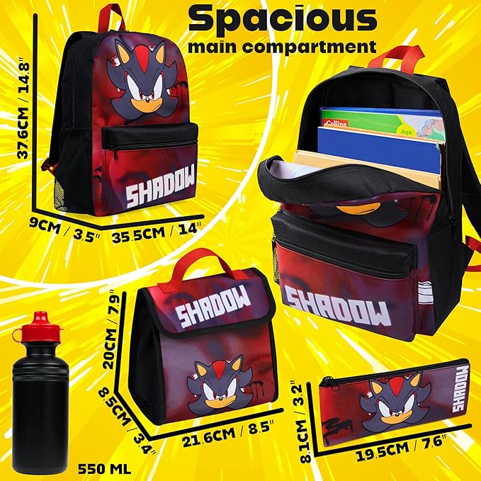 Sonic The Hedgehog Backpack Set 4 Pcs with Insulated Lunch Bag Water Bottle Pencil Case Shadow School Supplies Gift for Kids (Shadow 4 Pcs Set)