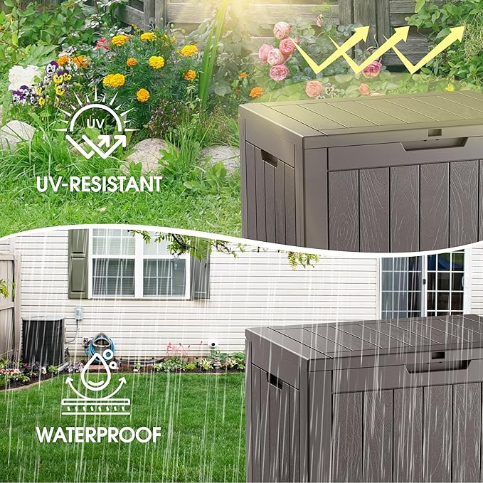 33 Gallon Outdoor Storage Box, Waterproof Resin Deck Box for Indoor & Outdoor Use – Lockable Patio Storage Bin for Garden Tools, Package Deliveries, Pool Accessories, Sports Gear & Furniture-Grey