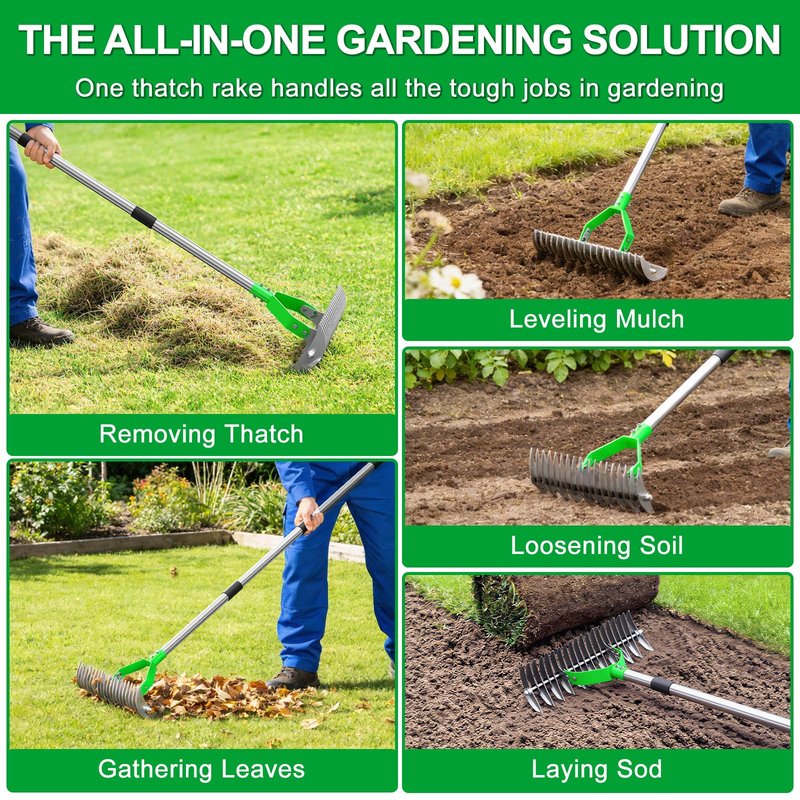 Thatch Rake for Lawn with 68" Adjustable Handle, 15" Heavy Duty Dethatcher Rake for Lawn, Thatching Rake with Dual-Action Tines, Dethatching Rake for Efficiently Removes Dead Grass, Loosens Soil