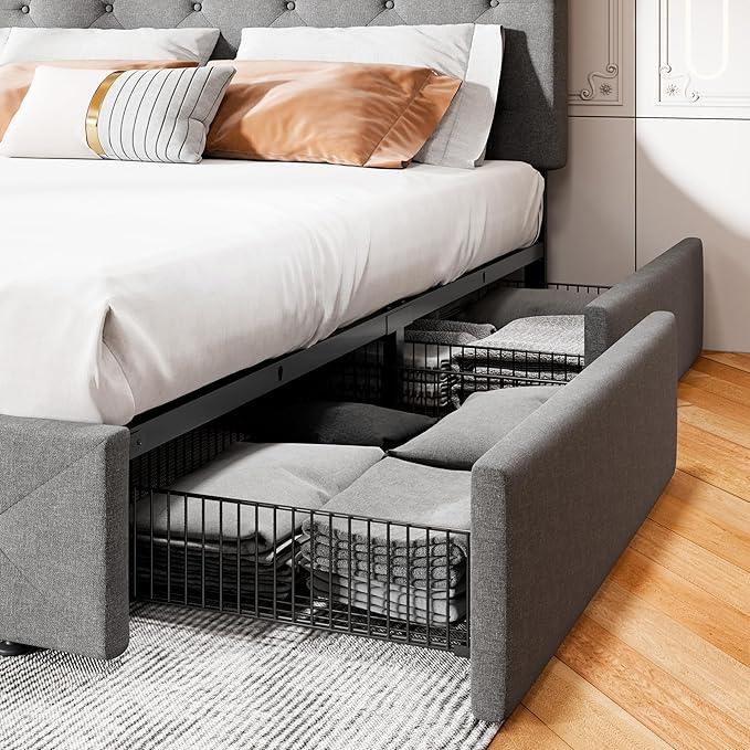 MUTICOR King Size Bed Frame with 4 Storage Drawers, Upholstered Platform Bed with Button Tufted Adjustable Headboard, No Box Spring Needed, Easy Assembly, Diamond Tufted, Light Grey Fabric