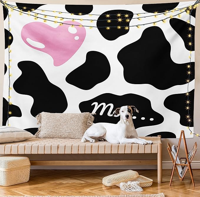 Ambesonne Cow Print Tapestry, Camouflage Hide Skin Pattern in Pastel Color Shades Heart Shape Moo, Fabric Wall Hanging Decor for Bedroom Living Room Dorm, 30" X 45", Pink Black White
