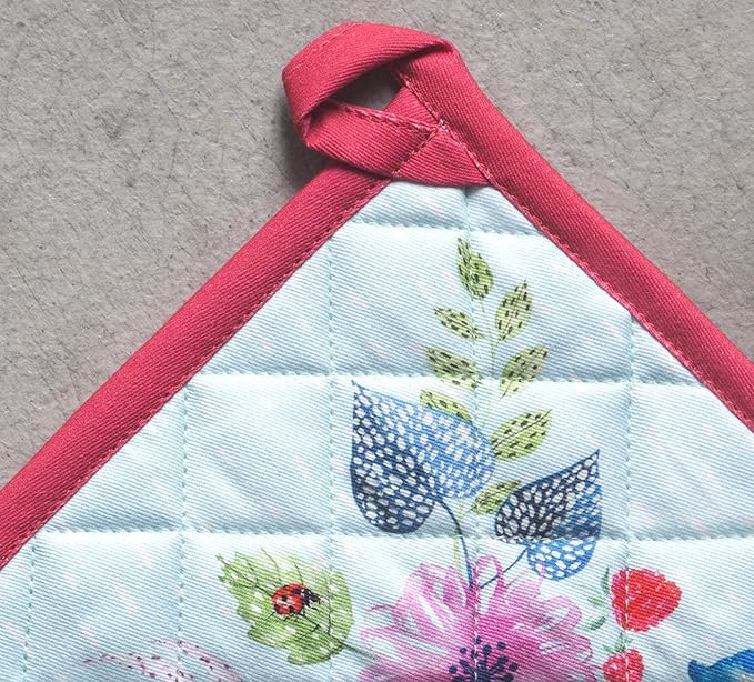 Maison d' Hermine Pot Holders 100% Cotton Heat Resistant Potholders 8" x 8" Hot Pads with Loop BBQ, Cooking, Baking, Grilling, Kitchen, Handling Hot Pans Spring/Summer (Pack of 1, Jardin D'Ete - Mint)