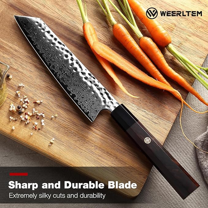 WEERLTEM Kiritsuke Chef Knife 8 Inch, Hand-forged 67-Layer VG10 High Carbon Steel Japanese Damascus Chef Knife, Ultra Sharp Hammered Damascus Chef Knife with Octagonal Ebony Handle & Gift Box