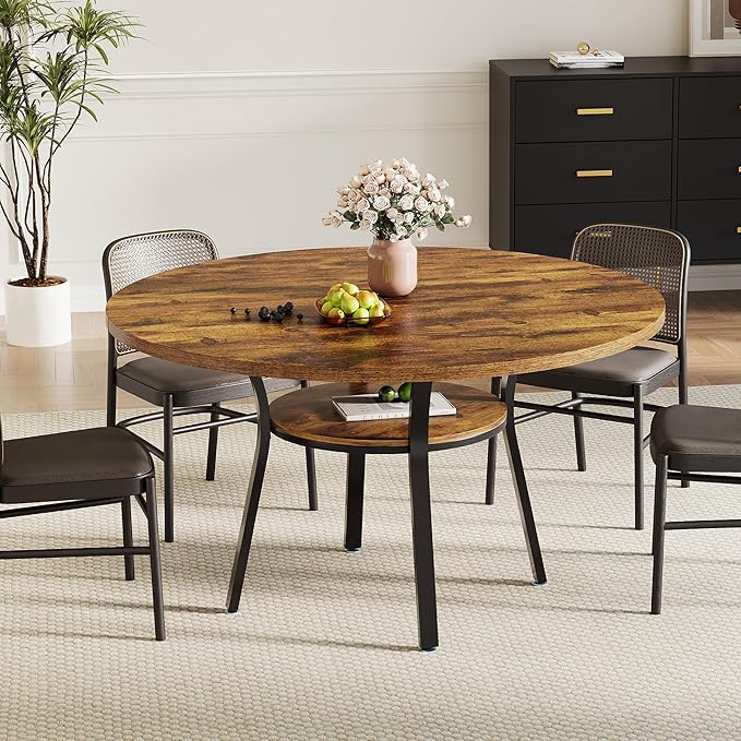 IDEALHOUSE Round Dining Table for 4-6, 47 Inch Kitchen Table with Sturdy Metal Frame, Space Saving Circle Dining Room Table for Small Space (Table Only), Rustic Brown