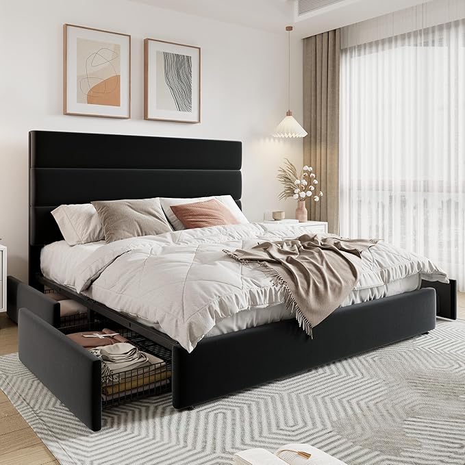 Allewie Modern Full Size Platform Bed Frame with 4 Storage Drawers and Velvet Upholstered Headboard, Wooden Slats Support, Upholstered Mattress Foundation/No Box Spring Needed/Easy Assembly, Black