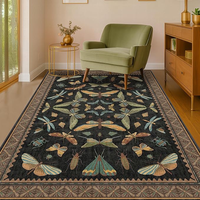 Washable 5x7 Black Rug for Living Room - Foyer Rugs for Entryway, Bedroom, Home Office, Gothic Witchy Insect Bug Floral Retro Indoor Décor