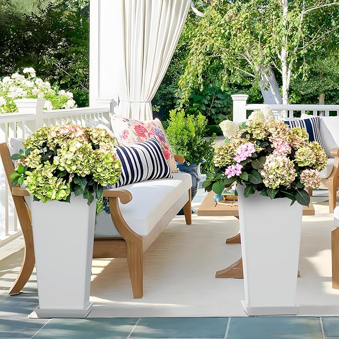 Set of 2 Tall Planters, 24" Large Indoor Outdoor Flower Pots with Tray, Modern Tapered Planters for Porch, Patio, Garden, Backyard(White)