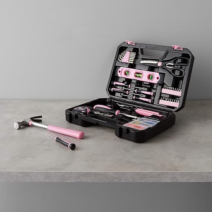 Amazon Basics 142-Piece Household Tool Kit for Home Repair,Hand Tools with Storage Case,13.39 x 9.25 x 2.95 inch,Pink,(Pack of 4)
