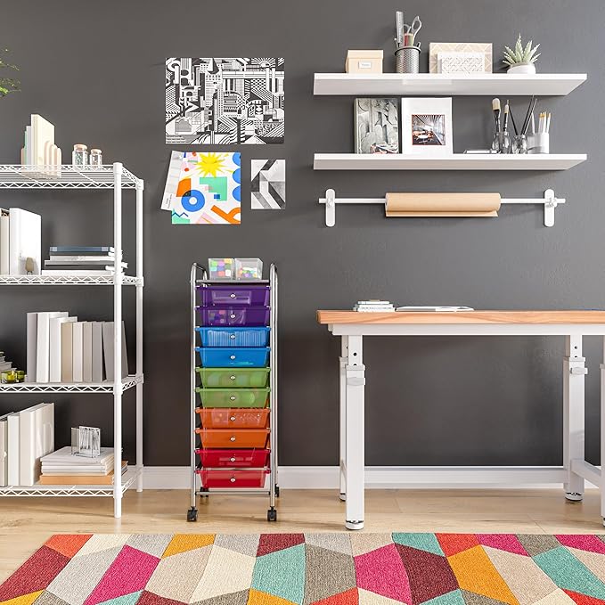 Seville Classics Rolling Utility Organizer Storage Cart, for Home Office, School, Classroom, Scrapbook, Hobby, Craft, 10 Drawer, Multicolor (Pearlized)