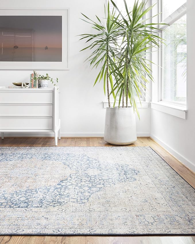 Loloi Layla Collection LAY-07 Blue/Tangerine 9'-0" x 12'-0" .13" Thick Area Rug, Soft, Durable, Vintage Inspired, Distressed, Low Pile, Non-Shedding, Easy Clean, Printed, Living Room Rug