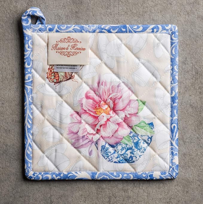 Maison d' Hermine 100% Cotton Oven Mitt & Pot Holder Set (7.5"x13" & 8"x8") Heat Resistant BBQ Cooking Gloves with Loop, Baking, Grilling, Kitchen, Handling Hot Pans Spring/Summer (Canton)