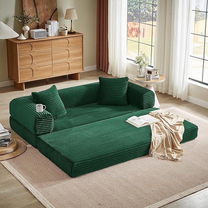 Boneless Couch Sofa Bed Sectional Couches for Living Room,Futon Cloud Couch with Sleeper Sofa,Sofas for Living Room Oversized Corduroy Upholstered (Green)