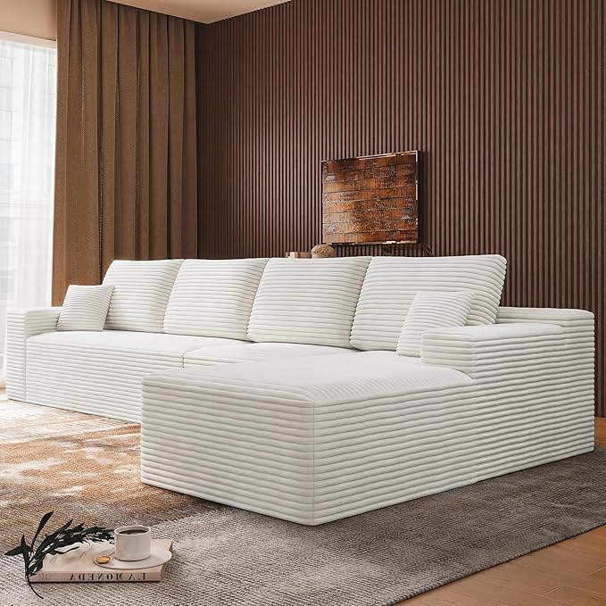 3-Piece Boneless Modular Sectional Sofa, Cloud Couch with Right Facing Chaise, Oversized Deep Seat, Soft Corduroy Fabric, Sectional Couch for Living Room-White