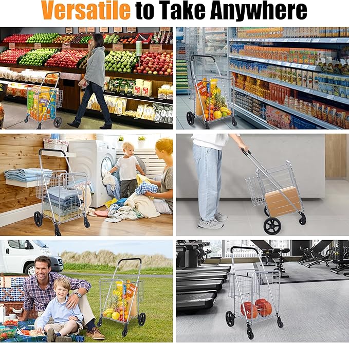 Whitmor Utility Folding Shopping Cart, 115L Heavy Duty Grocery Cart with Double Basket, 360° Swivel Wheels, Foldable Rolling Utility Trolley, 110 Lbs Capacity for Grocery, Laundry, Travel, Sliver
