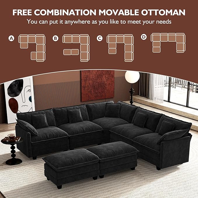Ihanherry 114" V-Shaped Modern Sofa Modular Sectional Cloud Couch with 2 Ottoman, 7-Seat Chenille Deep Seat Sofa with Corner Section for Living Room, Bedroom and Apartment, Black